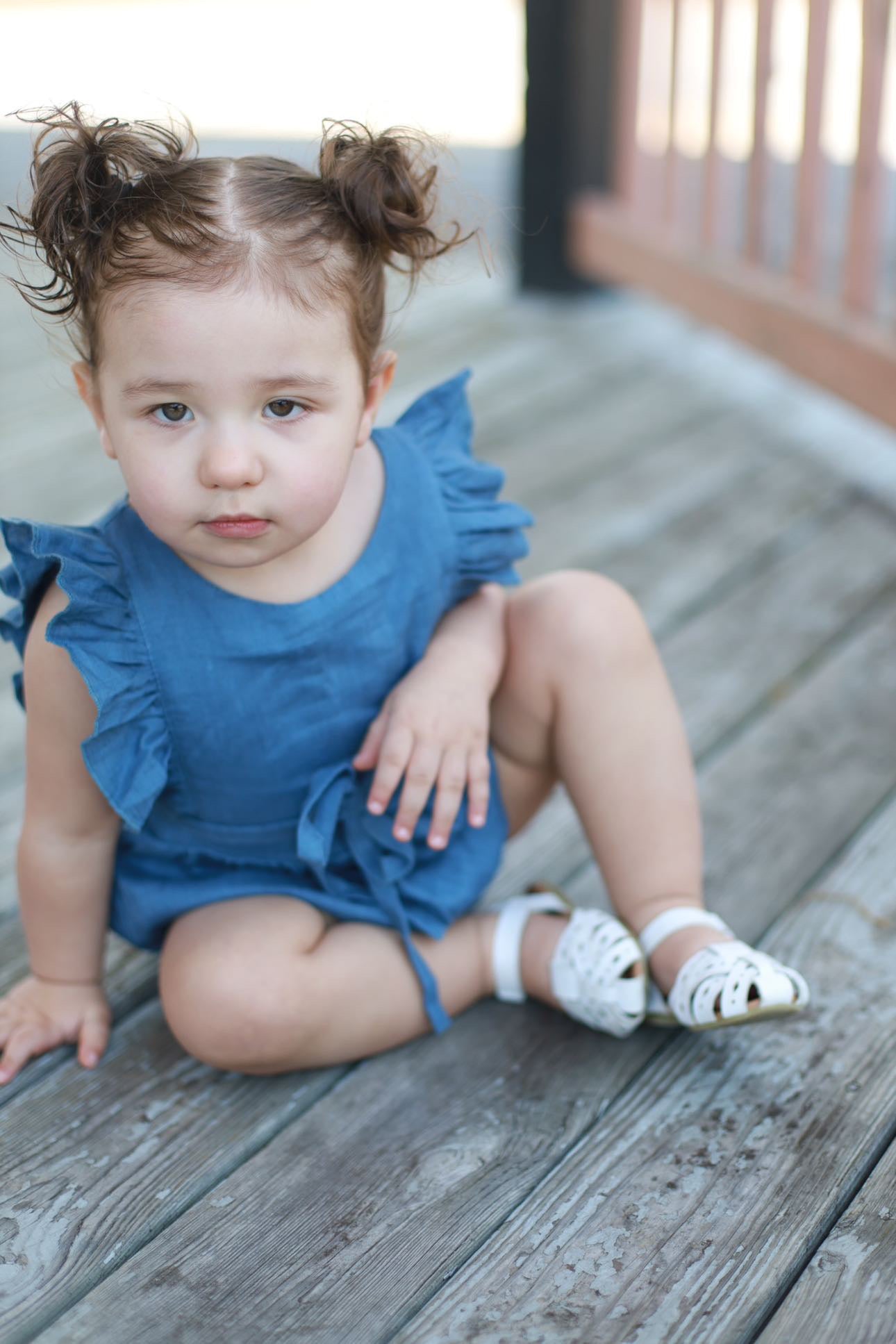 Sienna - Medium Blue Linen Ruffle Romper