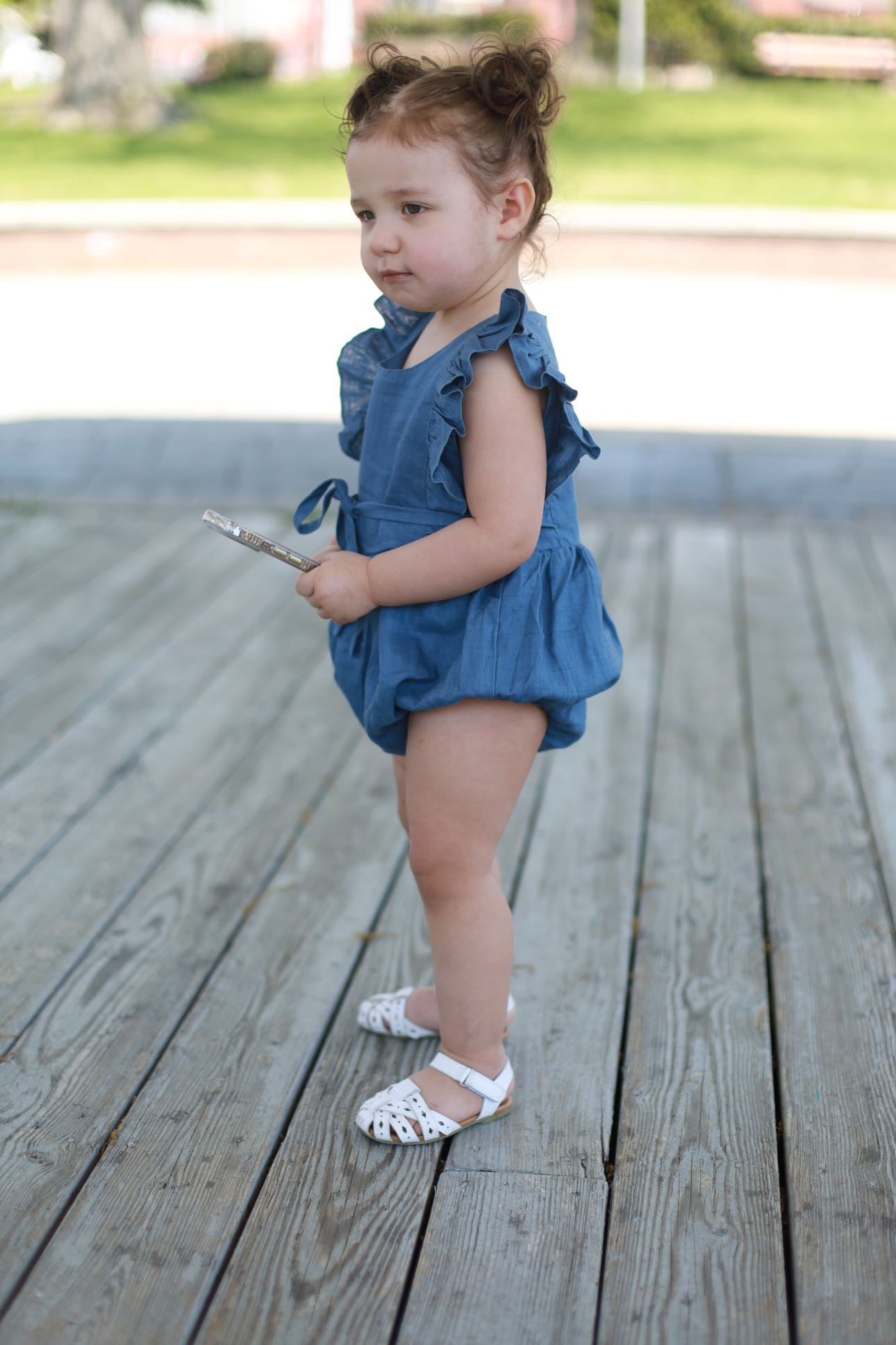 Sienna - Medium Blue Linen Ruffle Romper