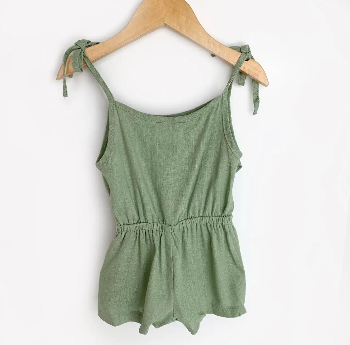 Hannah - Green Linen Tie Romper