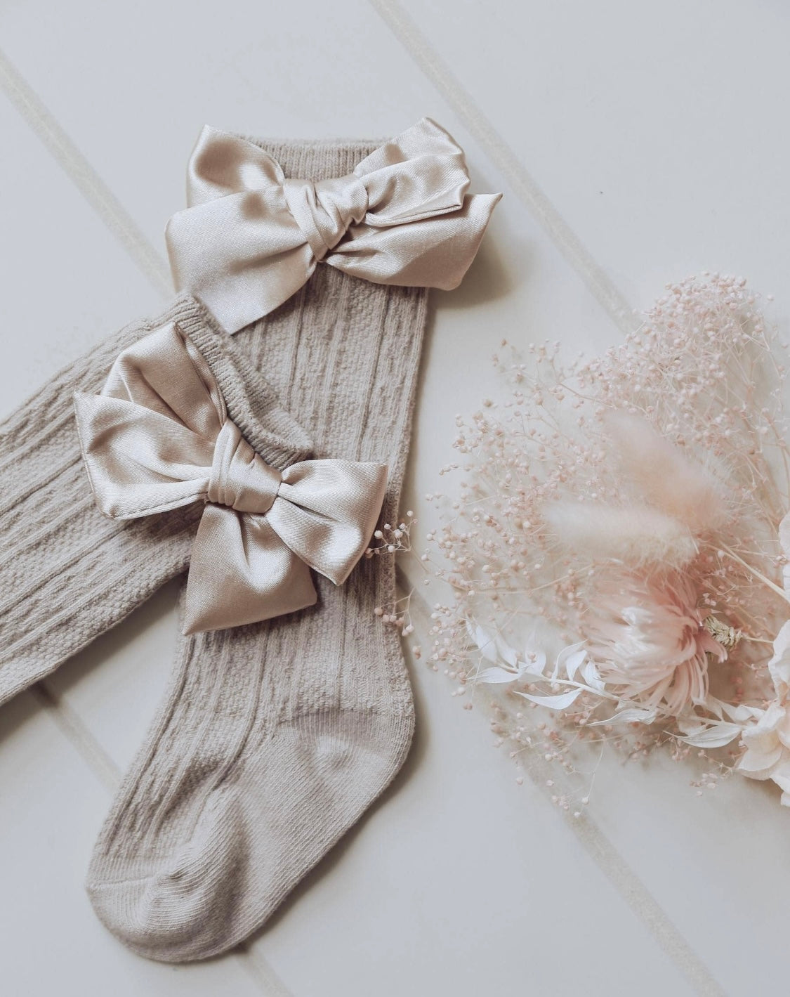 Luxe Knee-High Socks with Satin Bow - Champagne