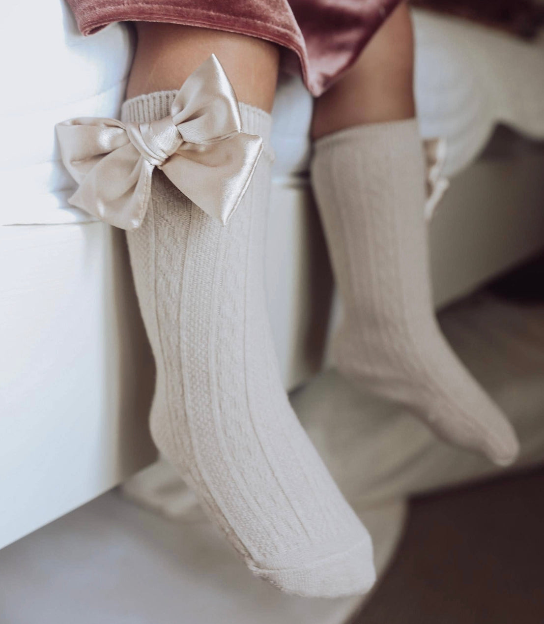 Luxe Knee-High Socks with Satin Bow - Champagne