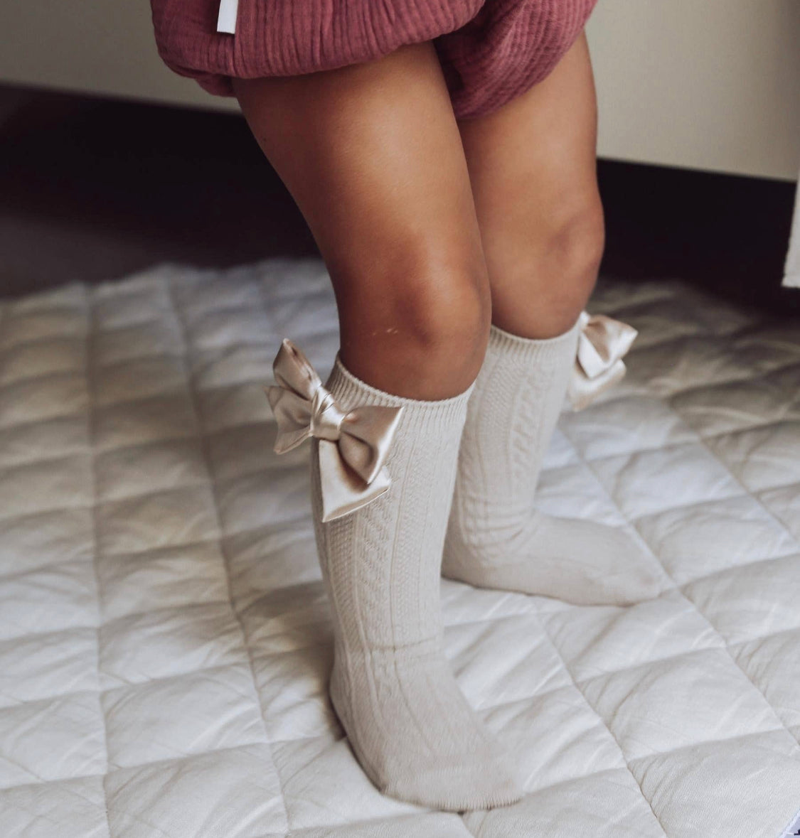 Luxe Knee-High Socks with Satin Bow - Champagne